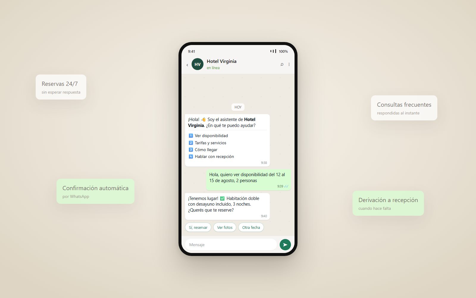 Mockup del bot de WhatsApp de Hotel Virginia — conversación de reserva en la pantalla de un teléfono